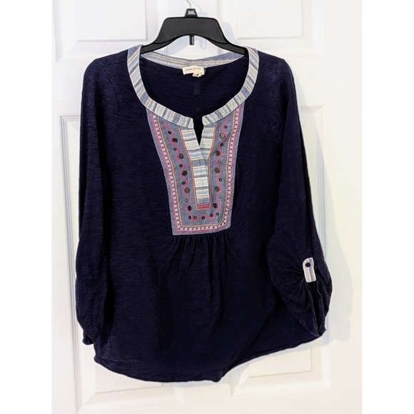 Meadow Rue Tops - Anthropologie Meadow Rue XL Embroidered  Top Navy Blue Long Sleeve Blouse Boho